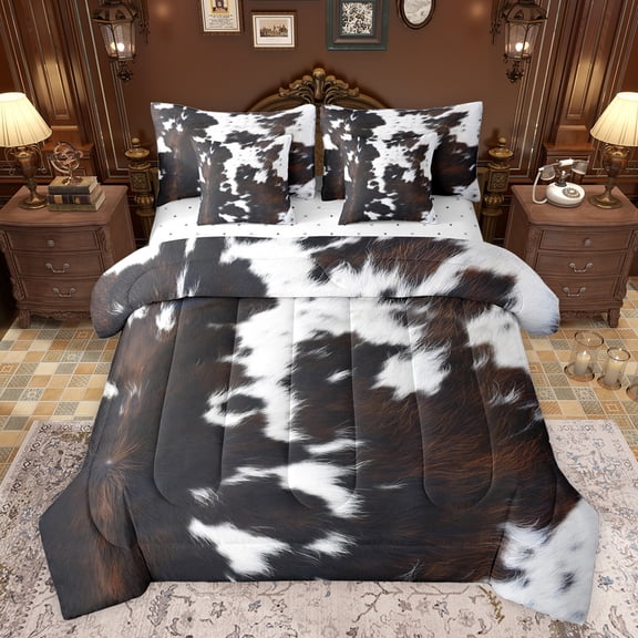 jejeloiu Cow Hide Print 7-Piece Bedding Comforter Set,Country Farmhouse Lodge King Bedding Sets,Brown Black White Bed Sheets For Boys Girls,Microfiber Bedroom Decor Reversible