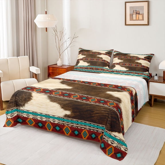 jejeloiu Cow Hide Print Bed Sheets,Aztec Exotic Style King Sheets For Adult 4pcs