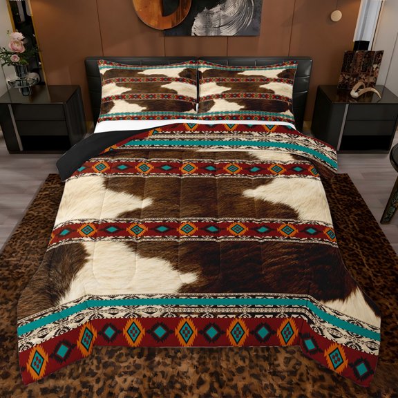 jejeloiu Cow Hide Print Twin Comforter Sets,Aztec Exotic Style Bedding Set For Adult Reversible 2pcs
