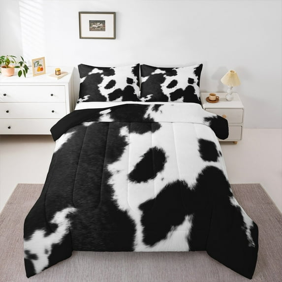 jejeloiu Cow Print King Size Comforter Sets,Retro Farmhouse Lodge Bedding Comforter Set,Black White Cattle Bedding Set,Microfiber Bedroom Decor Reversible,3-Piece