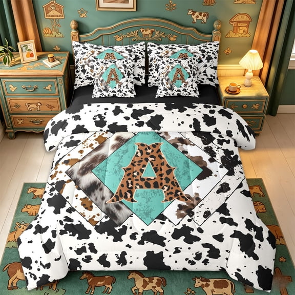 jejeloiu Cow Print Monogram A 7-Piece Twin Bedding Sets For Boy,Western Leopard Initial Bedding Comforter Set For Kids,Black Reversible