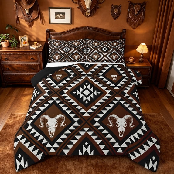 jejeloiu Cow Skull Full Size Comforter Sets,Aztec Print Bedding Comforter Set For Boys,Brown Black,Black Reversible,3pcs,1 Comforter and 2 Pillowcases