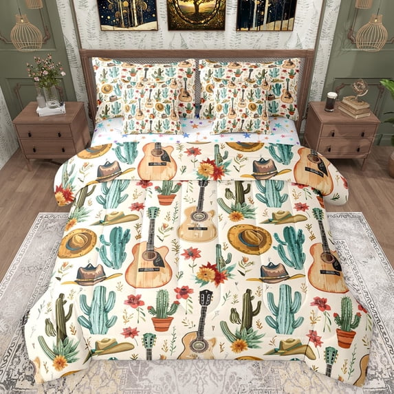 jejeloiu Cowboy Cowgirl Hat 7-Piece Bedding Comforter Set,Music Instrument Guitar King Bedding Sets,Desert Botanical Cactus Flowers Bed Sheets For Girls Boys,Super Cozy Room Decor Reversible