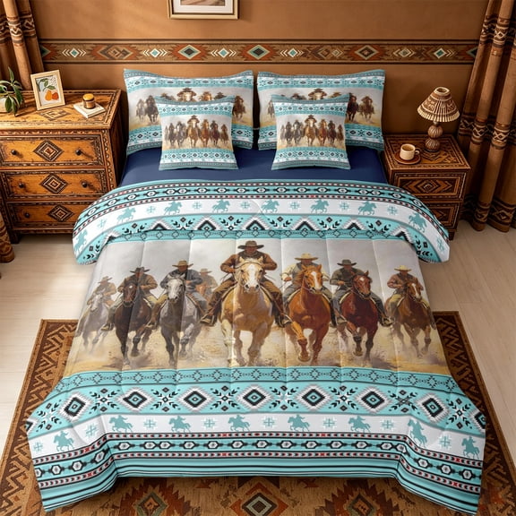 jejeloiu Cowboy Horse Aztec Border Print 7-Piece Twin Bedding Sets Kids,Western Farm Pattern Bedding Comforter Set,Reversible