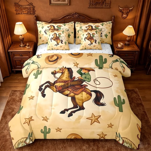 jejeloiu Cowboy Horse Pattern 7-Piece Twin Bedding Sets Kids,Dessert Botanical Cactus Bedding Comforter Set For Men,Reversible