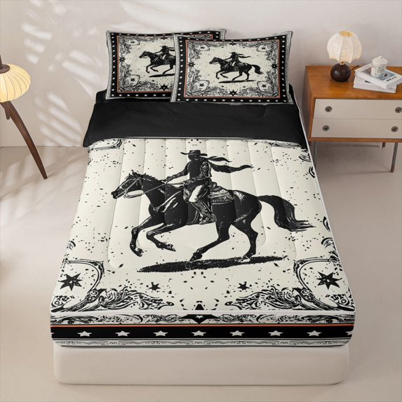 jejeloiu Cowboy Horse Star Pattern Zipper Twin Comforter Sets with Fitted Sheet and 2 Pillowcases Kids,Western Print Zipper Bedding Set For Men,Reversible,4-Piece