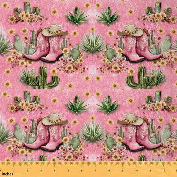 jejeloiu Cowgirl Boots Hat Fabric by the Yard 2 Yards,Green Desert Cactus Room Decor Fabric by the Yard,Rustic Flower Floral Fabric for Sewing For Child,Luxury Bedroom Decor
