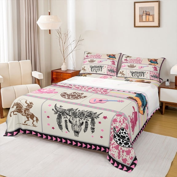 jejeloiu Cowgirl Patchwork Western Full Size Sheets Kids,Pink Cow Print Bed Sheets,4 Pieces