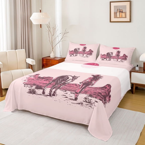 jejeloiu Cowgirls Queen Sheet Sets,Rustic Country Horse Bed Set For Girls Kids 4 Pieces