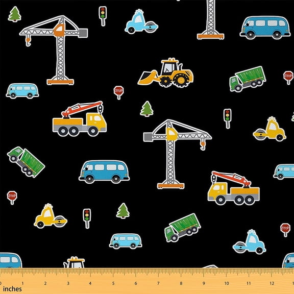jejeloiu Crane Bulldozer Fabric by the Yard 1 Yard,Cartoon Car Home Decor Fabric by the Yard,Black Green Blue Sewing Fabric,Microfiber Bedroom Decor