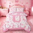thumbnail image 1 of jejeloiu Cream Pink Monogram U Queen Comforter Set For Girls,Girly Bow Cattle Print Initial Design Bedding Comforter Set For Kids,Pink Reversible,3 Pieces, 1 of 7