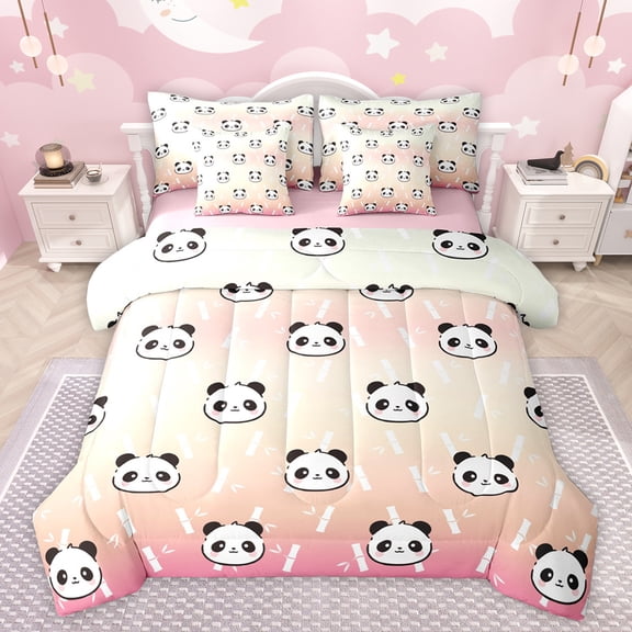 jejeloiu Cute Animal 7 Pieces Bedding Comforter Set,Kawaii Zoo Panda Full Bedding Set,Orange Pink Ombre Fitted Sheet Flat Sheet For Kids,Microfiber Bedroom Decor Reversible