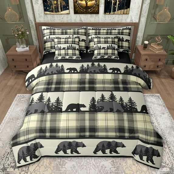 jejeloiu Cute Animal Bear 7-Piece Bedding Comforter Set,Beige Black Plaid King Bedding Sets For Boys Kids Reversible