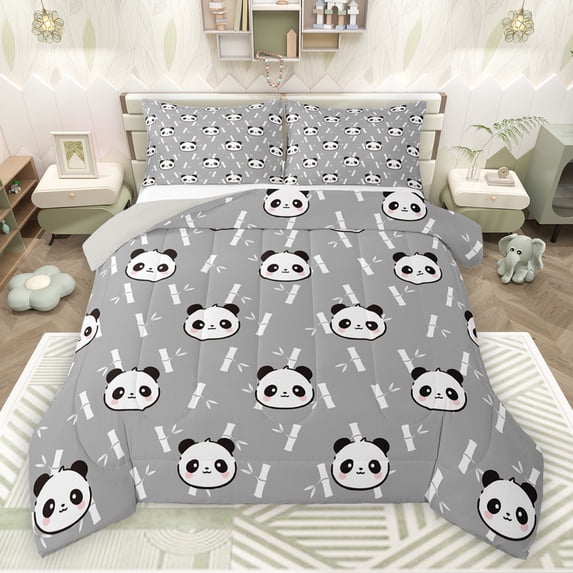 jejeloiu Cute Animal Bedding Comforter Set,Kawaii Zoo Panda Twin Comforter Sets,Gray White Black Bedding Set For Kids,Microfiber Bedroom Decor Reversible,2-Piece
