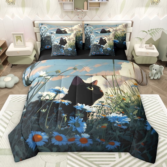 jejeloiu Cute Animal Cat 7pcs Bedding Comforter Set,Kawaii Daisy Pattern Queen Bedding Sets,Blue Black Queen Sheet Sets For Teens,Beathable Home Decor Reversible