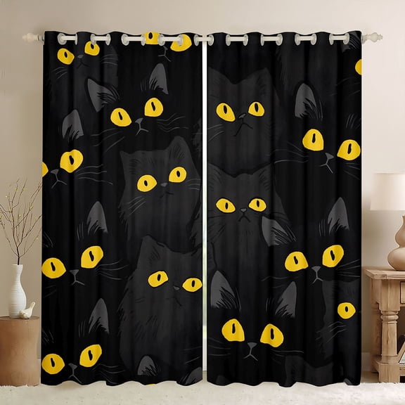 jejeloiu Cute Animal Cat Black Out Curtains,Kawaii Kitten Pattern Curtains Pack of 2 (42x63 Each),Black Gold Bedroom Curtains For Teens,Beathable Home Decor