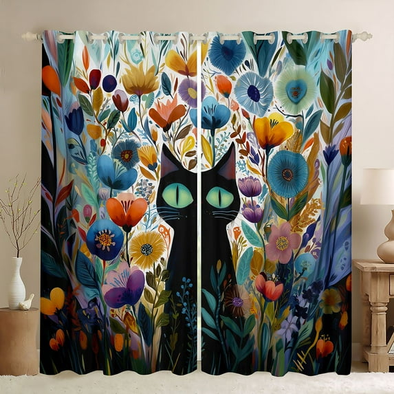 jejeloiu Cute Animal Cat Black Out Curtains,Kawaii Rustic Flowers Curtains Pack of 2 (42x63 Each),Watercolor Floral Blossom Bedroom Curtains For Teens,Beathable Home Decor