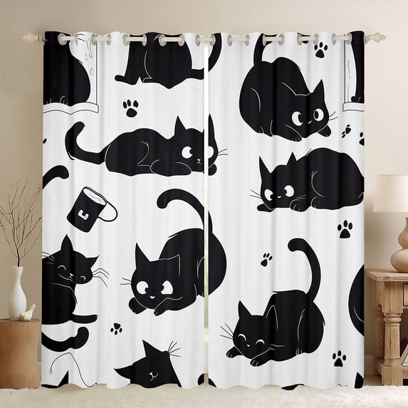 jejeloiu Cute Animal Cat Blackout Curtains Set of 2 (52x84 Each),Kawaii Kitten Pattern Window Curtains,Black White Curtains and Drapes For Teens,Beathable Home Decor