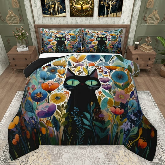 jejeloiu Cute Animal Cat Full Size Comforter Sets,Kawaii Rustic Flowers Bedding Comforter Set,Watercolor Floral Blossom Bedding Sets For Teens,Beathable Home Decor Reversible,3-Piece