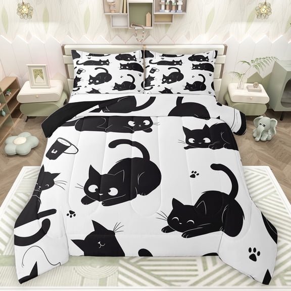 jejeloiu Cute Animal Cat Queen Comforter Set,Kawaii Kitten Pattern Bedding Sets,Black White Bedding Comforter Set For Teens,Beathable Home Decor Reversible,3pcs