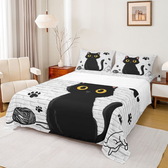 jejeloiu Cute Animal Cat Queen Sheet Sets,Kawaii Kitten Pattern Flat Sheet,Black Gray Queen Fitted Sheet For Teens,Beathable Home Decor,4pcs