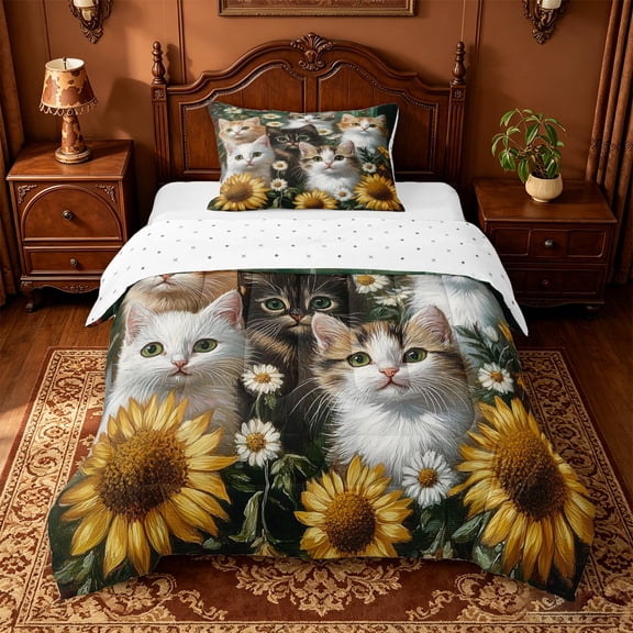 jejeloiu Cute Animal Cat Twin Comforter Sets For Kids,Retro Rustic Floral Sunflowers Bedding Set For Girls,Reversible,2pcs