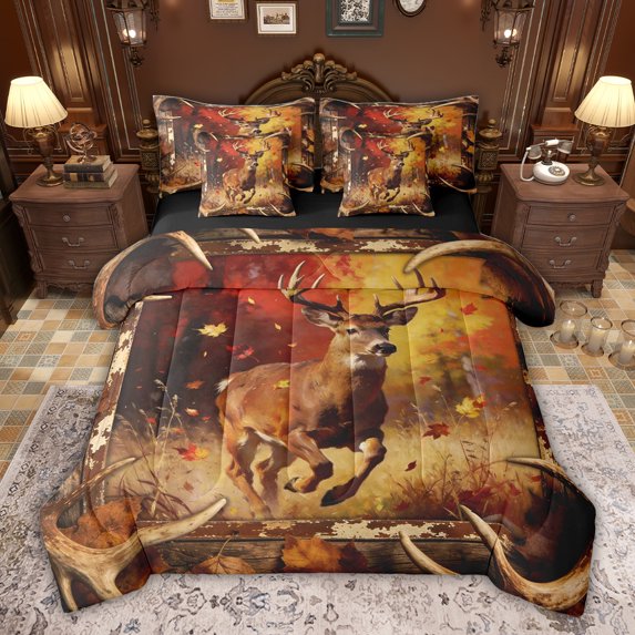 jejeloiu Cute Animal Deer 7pcs Bedding Comforter Set,Hello Fall Queen Bedding Sets For Boys Kids Reversible