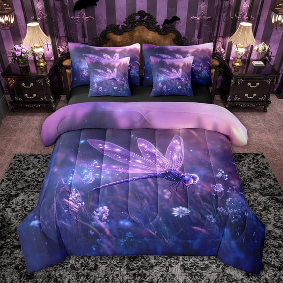 jejeloiu Cute Animal Dragonfly 7 Pieces Bedding Comforter Set,Dreamy Purple Flowers Full Bedding Set For Girls Women Reversible