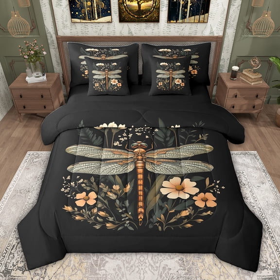 jejeloiu Cute Animal Dragonfly 7pcs Bedding Comforter Set,Kawaii Plant Flowers Queen Bedding Sets For Girls Women Reversible