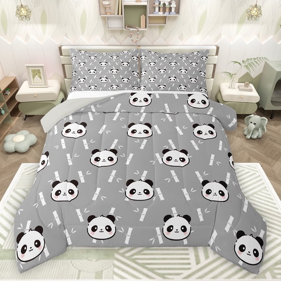 jejeloiu Cute Animal Queen Comforter Set,Kawaii Zoo Panda Bedding Sets,Gray White Black Bedding Comforter Set For Kids,Microfiber Bedroom Decor Reversible,3pcs