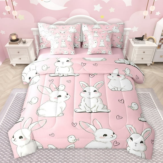 jejeloiu Cute Animal Rabbit 7 Pieces Bedding Comforter Set,Kawaii Loves Birds Full Bedding Set,White Pink Fitted Sheet Flat Sheet For Girl,Microfiber Bedroom Decor Reversible