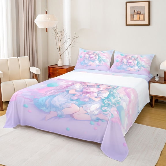 jejeloiu Cute Anime Girls Bed Sheets,Colorful Kawaii Balloon King Sheets For Princess Teens 4 Pieces