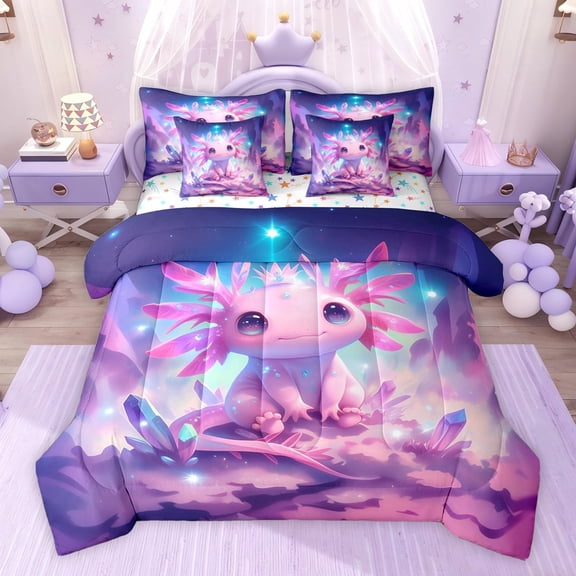 jejeloiu Cute Axolotl 7-Piece Twin Bedding Sets,Pink Purple Blue Bedding Comforter Set For Girls Teens Reversible