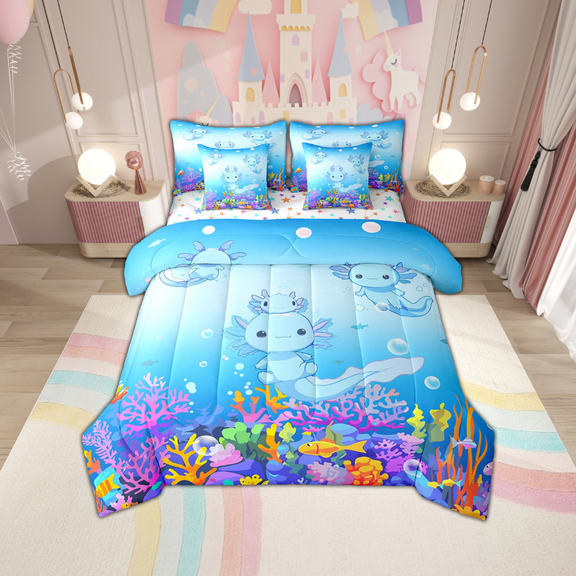 jejeloiu Cute Axolotl Bedding Comforter Set,7 Pieces,Cartoon Animal Full Bedding Set,Sealife Shell Coral Fitted Sheet Flat Sheet For Kid Girls,Super Cozy Bedroom Decoration Reversible