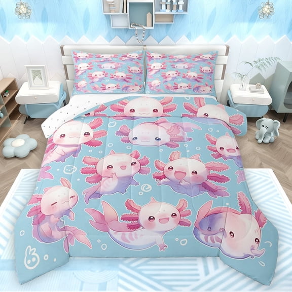 jejeloiu Cute Axolotl Bedding Comforter Set,Cartoon Ocean Animal Twin Comforter Sets,Pink Blue Bedding Set For Girls Kids,Luxury Bedroom Decor Reversible,2-Piece