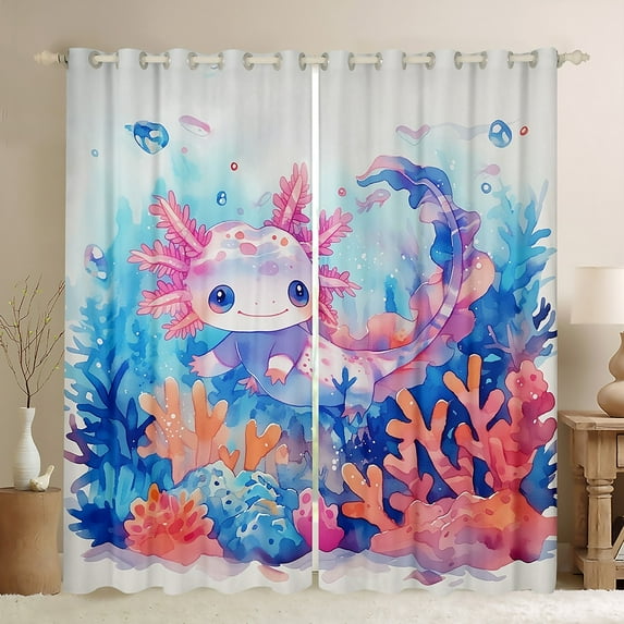 jejeloiu Cute Axolotl Blackout Curtains Set of 2 (52x84 Each),Cartoon Animal Window Curtains,Colorful Shell Coral Curtains and Drapes For Kid Girls,Super Cozy Bedroom Decoration