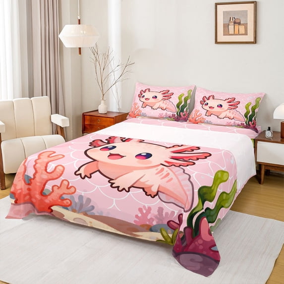 jejeloiu Cute Axolotl Salamander Bed Sheets,Watercolor Pink Kawaii Sealife King Sheets For Girls 4-Piece