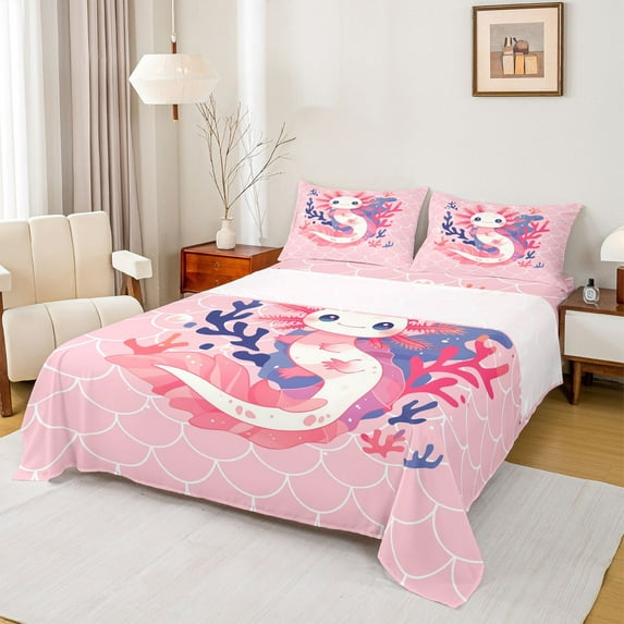 jejeloiu Cute Axolotl Twin Sheet Sets,Cartoon Mermaid Print Bedding For Girls Teens 3pcs