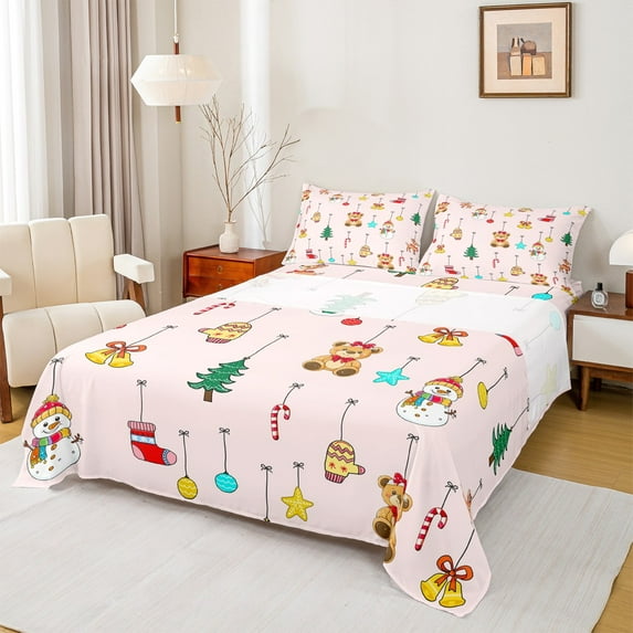 jejeloiu Cute Bear Snowmen Queen Sheet Set,Red White,4-Piece Home Decor