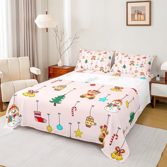 jejeloiu Cute Bear Snowmen Happy New Year Merry Christmas Twin Sheet Set,Red White Girl Bedding,3pcs
