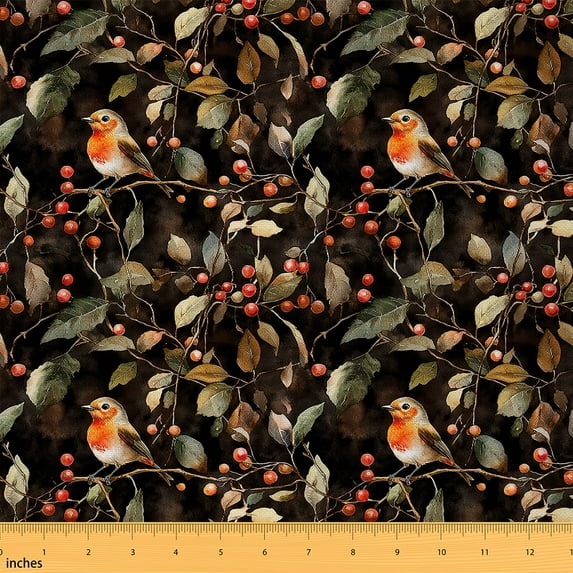 jejeloiu Cute Bird Fabric by the Yard 3 Yards,Red Christmas Berry Sewing Fabric,Rustic Botanical Fabric for Sewing For Child,Microfiber Bedroom Decor