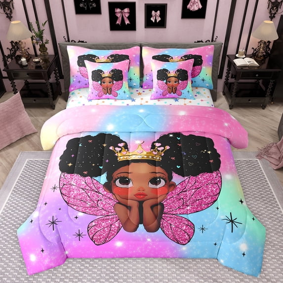 jejeloiu Cute Black Girly 7 Pieces Bedding Comforter Set,Fairy Tale Princess Full Bedding Set,Colorful Ombre Fitted Sheet Flat Sheet For Teens,Microfiber Bedroom Decor Reversible