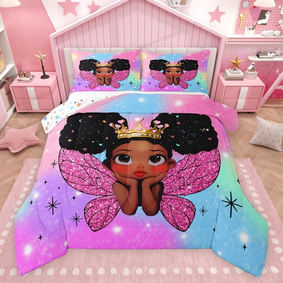 jejeloiu Cute Black Girly Bedding Comforter Set,Fairy Tale Princess Twin Comforter Sets,Colorful Ombre Bedding Set For Teens,Microfiber Bedroom Decor Reversible,2 Pieces