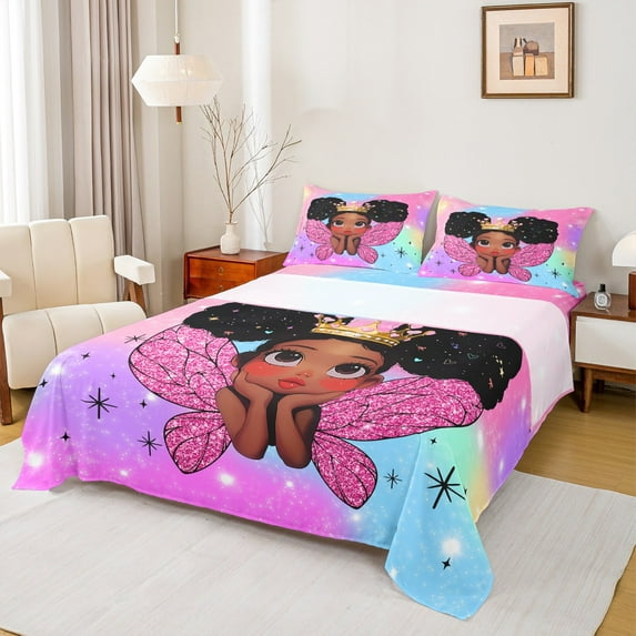 jejeloiu Cute Black Girly Twin Sheet Sets,Fairy Tale Princess Twin Fitted Sheet,Colorful Ombre Flat Sheet For Teens,Microfiber Bedroom Decor,3 Pieces