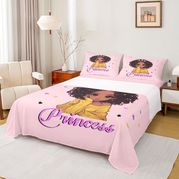 jejeloiu Cute Black Princess Twin Sheet Sets,Cartoon Glitter Print Bedding For Girls Kids 3pcs