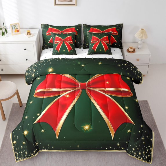 jejeloiu Cute Bow Bowtie Bedding Comforter Set 7 Pieces,Gold Glitter Print Full Bedding Set,Red Cartoon Bowknot Fitted Sheet Flat Sheet,Luxury Bedroom Decor Reversible