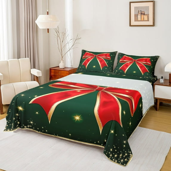 jejeloiu Cute Bow Bowtie Queen Sheet Sets,Gold Glitter Print Flat Sheet,Red Cartoon Bowknot Queen Fitted Sheet,Luxury Bedroom Decor,4-Piece