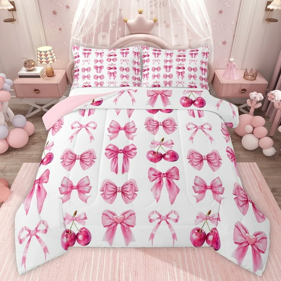 jejeloiu Cute Bow Knot Queen Comforter Set,Pink Cherries Bedding Comforter Set For Bowtie Girl Reversible 3-Piece