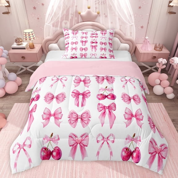 jejeloiu Cute Bow Knot Twin Comforter Sets,Pink Cherries Bedding Set For Bowtie Girl Reversible 2 Pieces