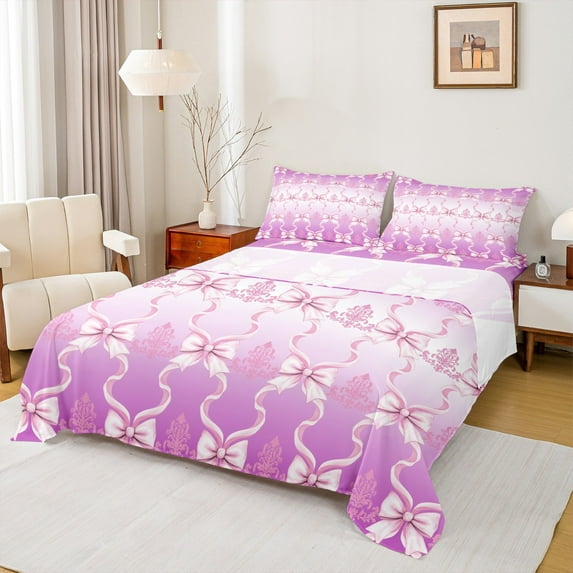 jejeloiu Cute Bow Ribbon Bed Sheets,Cartoon Bow Knot King Sheets,White Pink Ombre Sheet Set For Girls Kids,Ultra Soft Home Decor,4pcs